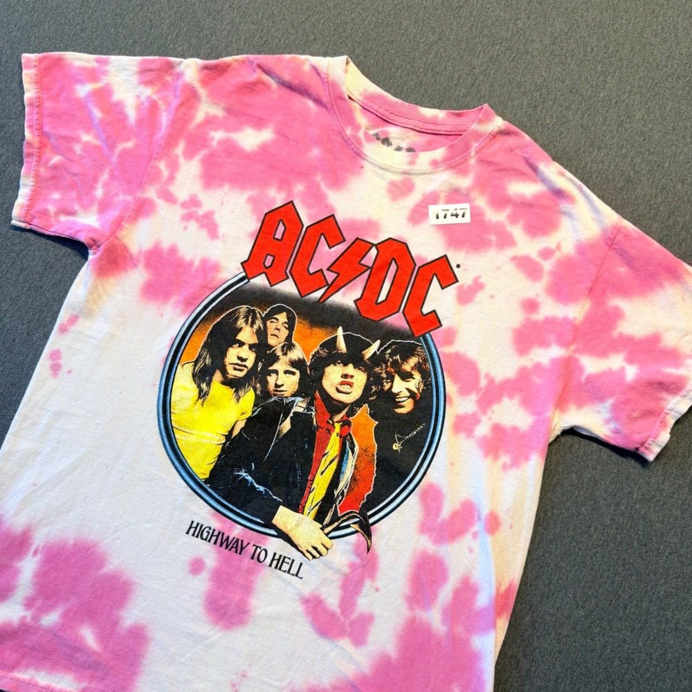 AC/DC Highway to Hell Pink Tie Dye Graphic T-Shirt Mens Small Rock Band Tee